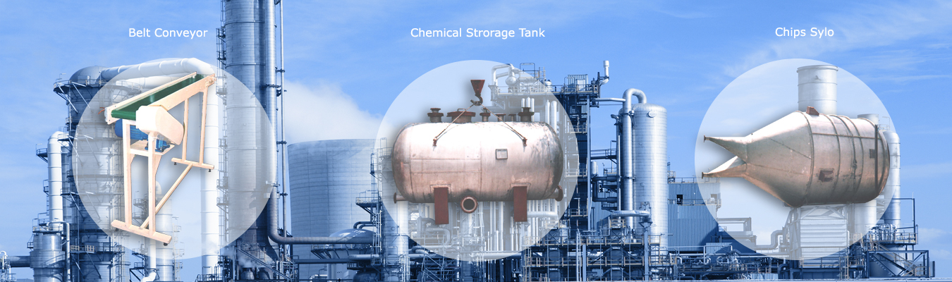 Manufacturer of Chemical Plants & Equipments, Process Equipments For Chemical, Pharma, Distillery, Sugar Industries, Slat, Belt, Screw Type Conveyors, Heat Exchangers, SS & MS Storage Tanks, Silos, Piping, Boilers, Chimney, Ducting, Hood, Reaction Vessels, Rotary Dryers, Storage